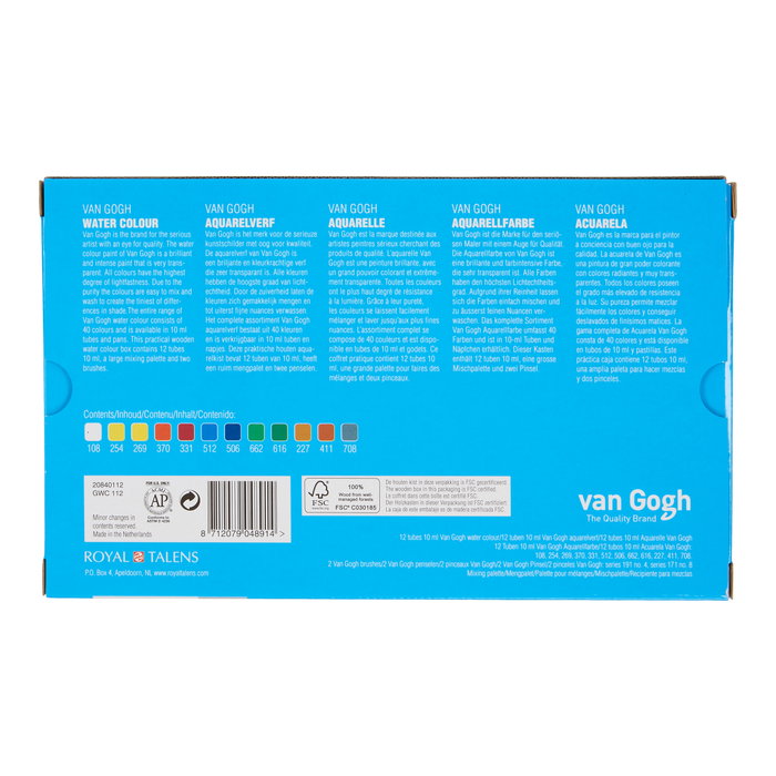 Van Gogh Set de acuarelas en caja de madera con 12 tubos de 10 ml y 3 accesorios Van Gogh Set de acuarelas en caja de madera con 12 tubos de 10 ml y 3 accesorios